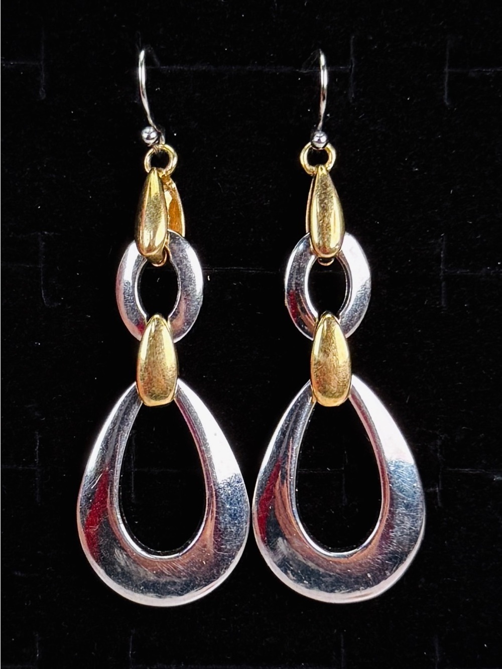 Vintage aged Silvertone, goldtone weighted long pierced drop earrings